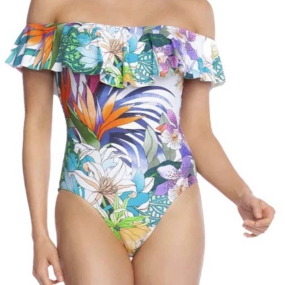 NWT Trina Turk White Botanical Amazonia Off Shoulder One-piece Swimsuit